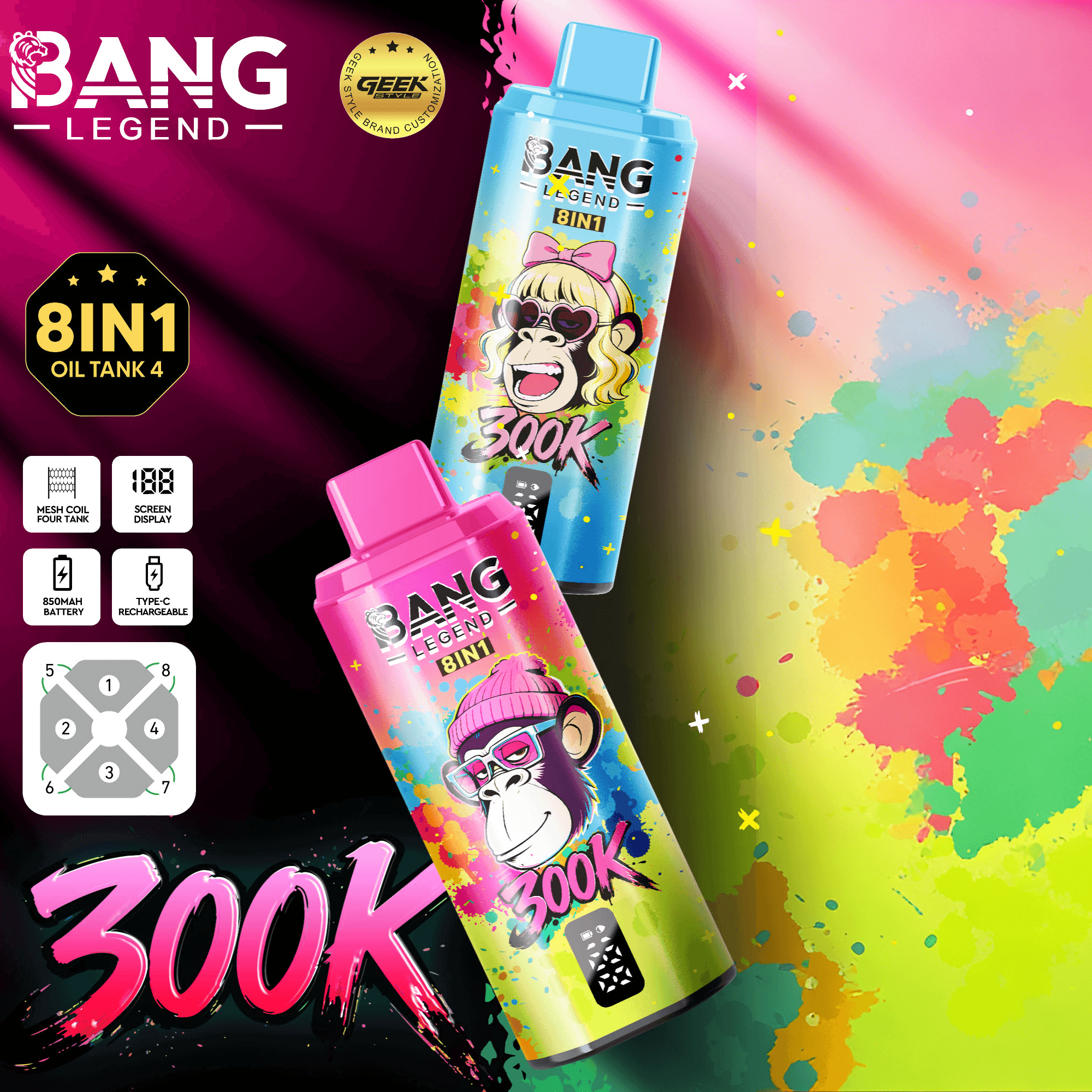 bang-vape-bang-legend-geek-300k-einweg-vape-8-in-1-300000 image 1